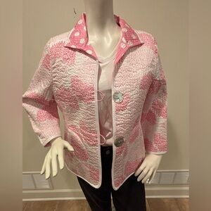 PATTY KIM Pink & White 100% Cotton Quilted Reversible Floral/Polka Dot Jacket, L